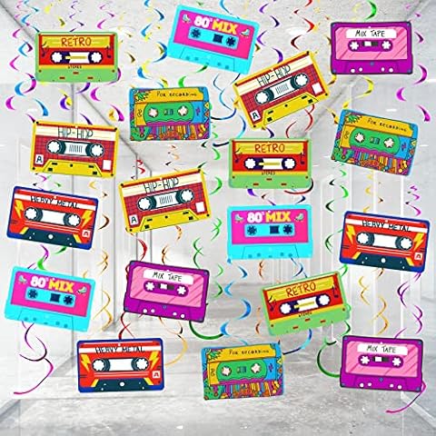48 Pcs Casette Tape Hanging Swirls, 80s Party Decorations Retro 90s Theme Party Decorations Back to the 80s 90s Party Decorations Ceiling Streamers for Halloween Birthday Party Supplies Cover