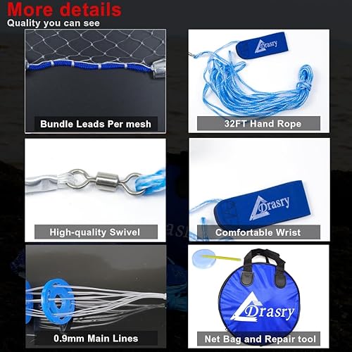 Miniatura 3 de Drasry Red de pesca americana de agua salada, tamaño de malla de 38 pulgadas para cebo, trampa de camarones, pesca pesada, red de tiro de 3 pies4