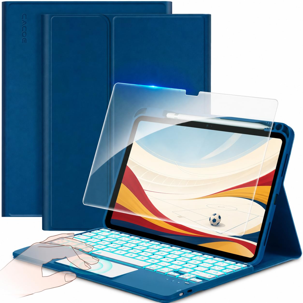 CACOE Funda Teclado para iPad A16 11.ª/10.ª Gen con Touchpad, Azul Océano | [Español] Teclado Retroiluminación de 7 Colores, Inalámbrico Desmontable Compatible con 11/10.9 Pulgadas 2025/2022