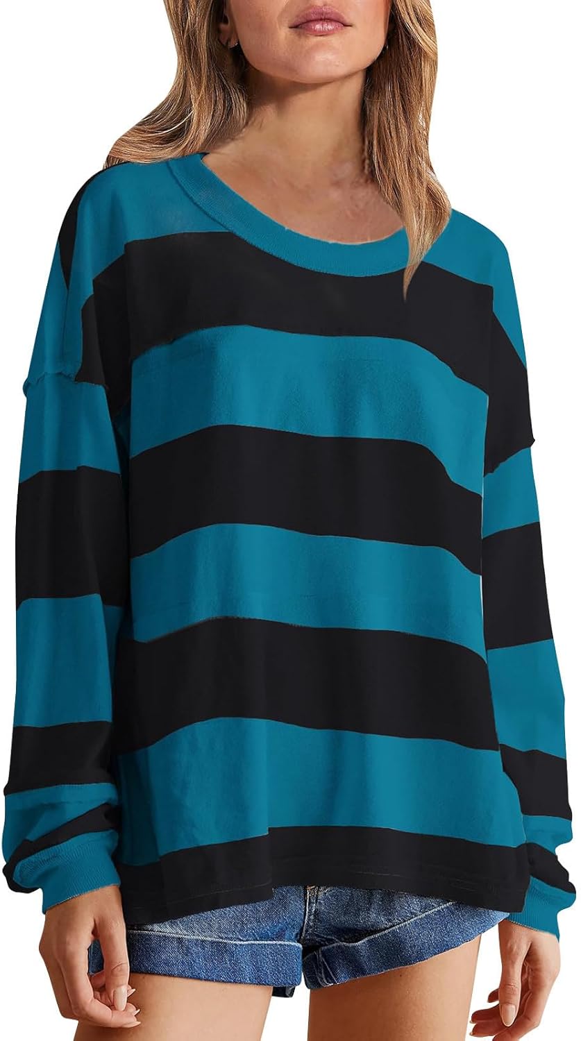 Lmdudan Women Crew Neck Striped Tops Long Sleeve T Shirt Color Block Basic Blouse Tunic Lightweight Pullover Sweatshirts