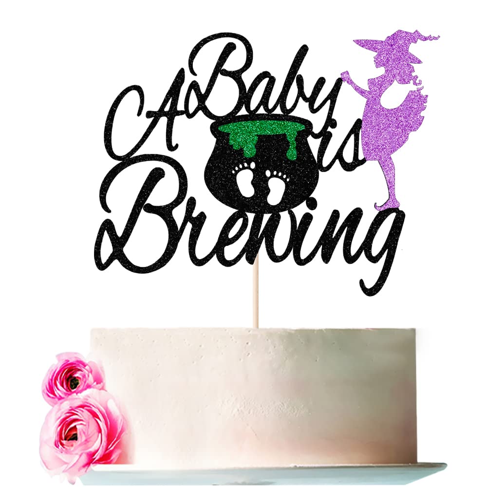 Bejotaa A Baby is Brewing Cake Topper,Black Glitter Halloween Baby Shower,Halloween Baby Shower Cake Topper,Witches Halloween Ghost Bat Horror Theme,Halloween Cake Decor