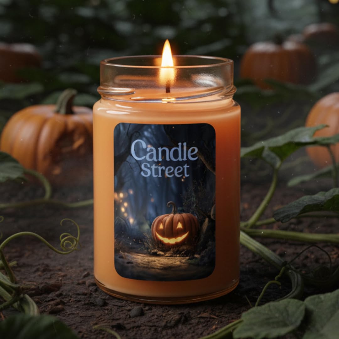 Candle Street Świeca zapachowa Halloween Dynia Miód Cynamon 500 g | Candle Street Jack-o-Lantern | Dekoracja jesienna, prezent sezonowy | Horror Stories | Ciepły i pikantny zapach