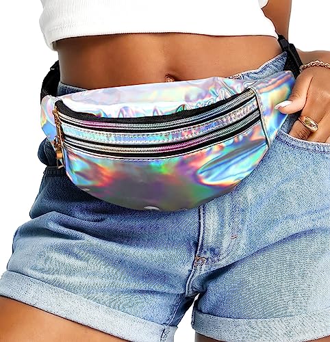 JunD Metallic Bauchtasche Damen - Holografische Gürteltasche aus PU Leder, Wasserdicht und Reflektierend, 80er & 90er Jahre Retro-Stil (Silber+Rosa), 2 Stück
