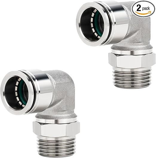 2Packs Pneumatic 304 Stainless Steel Male Elbow 3/8" Tube OD x 3/8" NPT Thread Push to Connect Air Fittings,90 Degree Quick Connector for Air Compressor Air Horn Air Bag