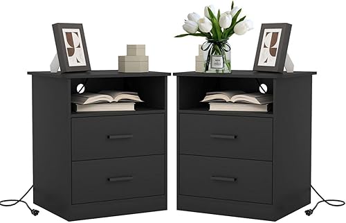 Miniatura 12 de Juego de 2 mesitas de noche con estación de carga, moderna mesita de noche con puertos USB tipo C y salidas de CA, mesita de noche grande con 2