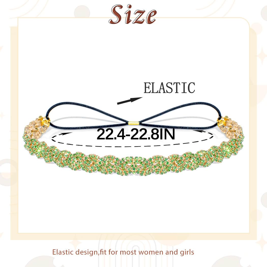 Women's Rhinestone Headbands Sparkly Elestic Hairband Vintage Metal Headbands Sparkly Elegant Party Daily Head Chain (Grass Green, M) - Image 3