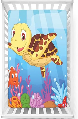 Sábanas bajeras ajustables para cuna pequeña con temática de tortuga, sábanas portátiles para colchón para cama de niño o niña o guardería, 38 x 24