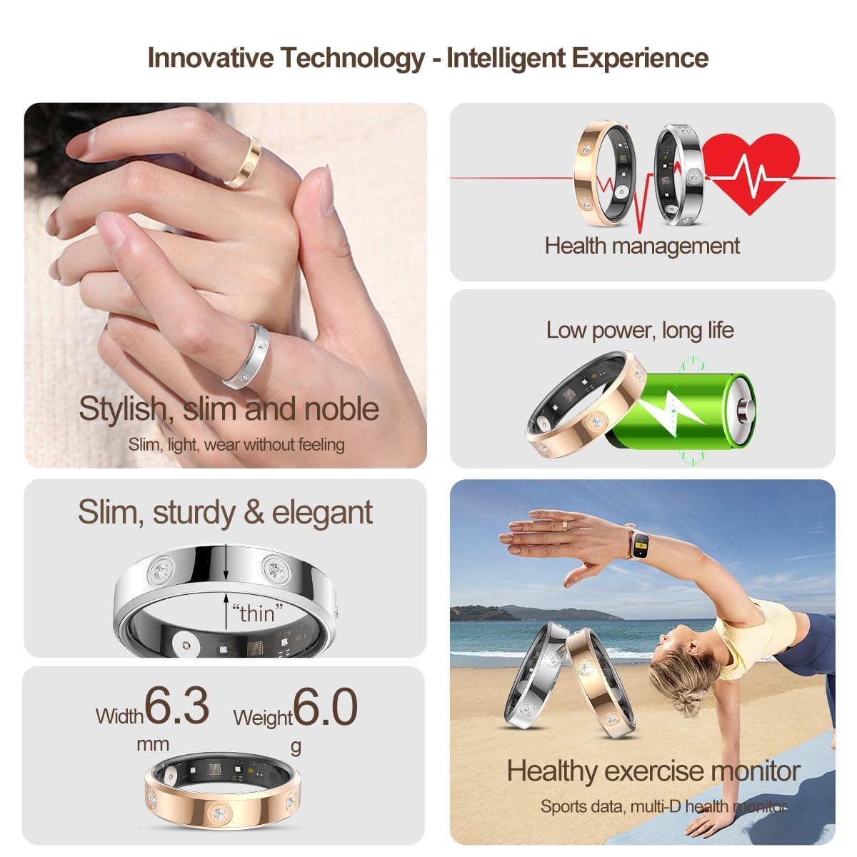 findtime Smart Ring - Anneaux de fitness ultra étroits - Moniteur de fréquence cardiaque - Moniteur de sommeil - Oxygène dans le sang - Moniteur de santé - Compteur de pas de calories - Podomètre