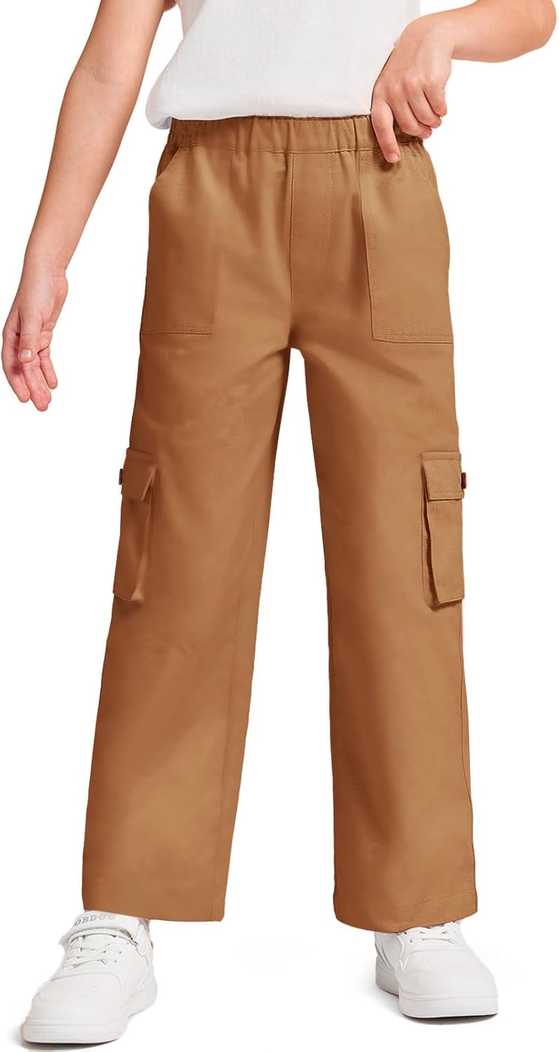 Haloumoning Girls Cargo Pants High Elastic Waist Kids Straight Leg Twill Trousers with Pockets 5-14 Years Haloumoning Girls Cargo Pants High Elastic Waist Kids Straight Leg Twill Trousers with Pockets 5-14 Years