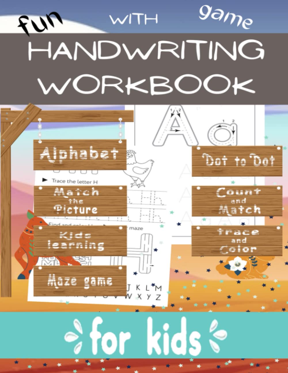 Handwriting Workbook for Kids Ages 3-9: Printing workbook for Grades 1, 2 & 3, Learn to Trace Alphabet Letters and Numbers Kids learning trace and ... picture Dot to Dot Maze game Count and Match