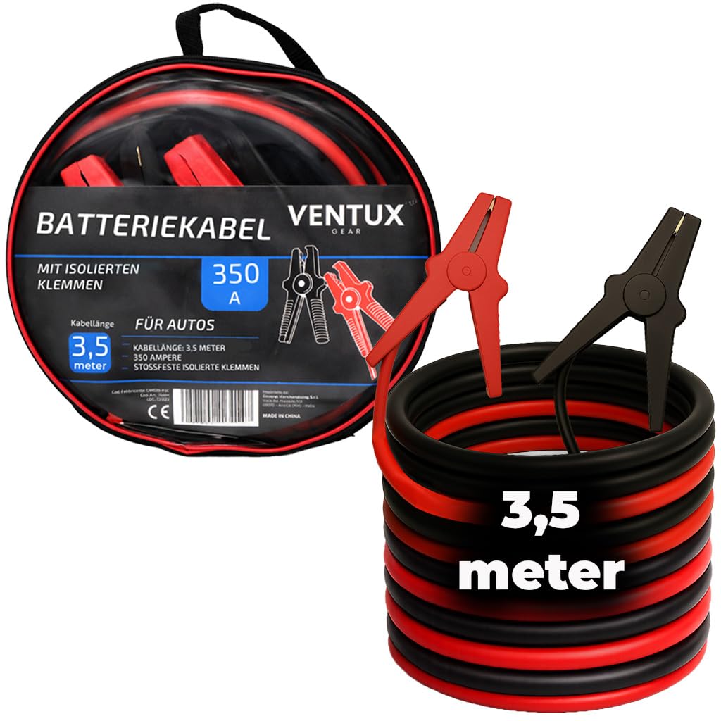 Starthilfekabel 350A 3,5 m Aluminium kupferbeschichtet 30 mm² Isolierte Stahlklemmen PVC – PKW Motorrad Benzin 5000 CCM Diesel 3200 CCM Nylontasche CE EMC RoHS