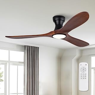 52 Inch Wood Flush Mount Ceiling Fans with Lights and Remote, Dimmable 3 Blade Wood Bedroom Ceiling Fan with Lights Low Profile Ceiling Fans with Light Outdoor Ceiling Fan for Patios Bedroom