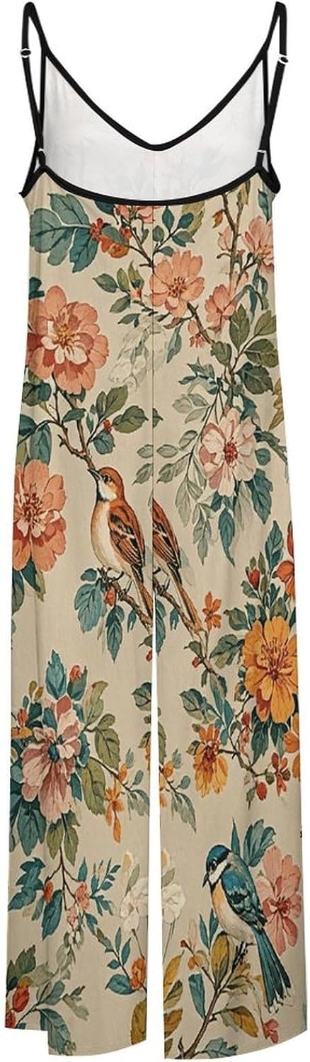 Jumpsuits for Women Ed Bird Floral Pattern Romper Adjustable Strap Sleeveless Casual Loose Overalls XL
