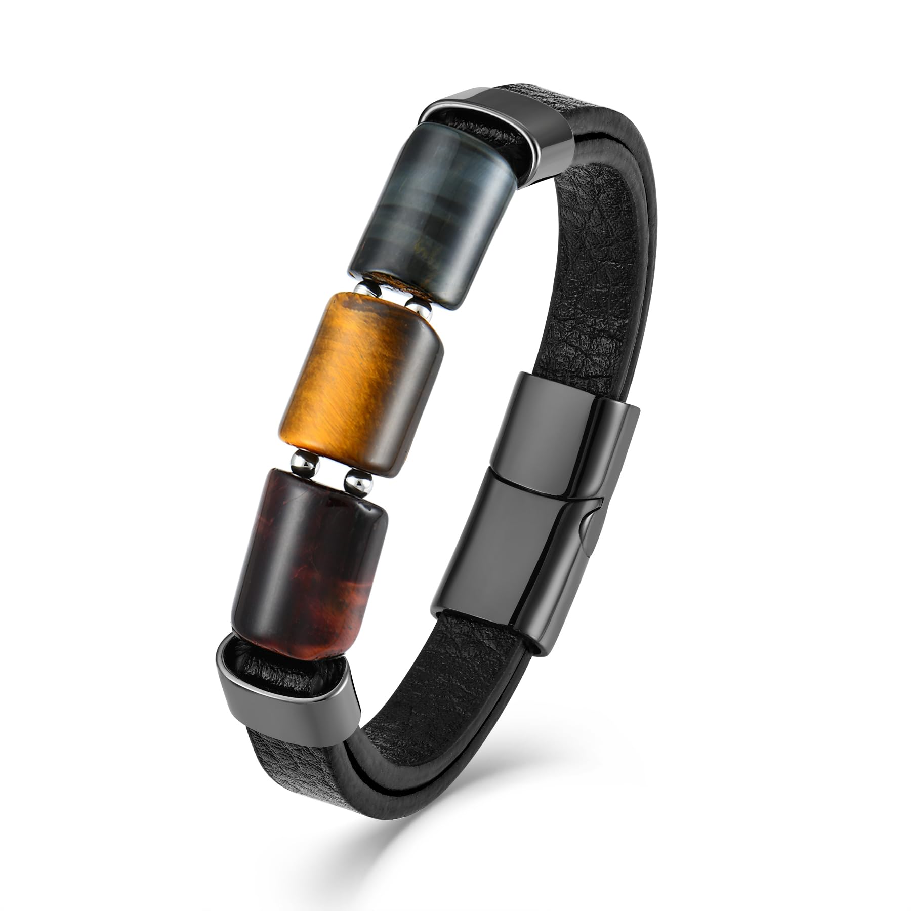 Veshon Men's Leather Tiger Eye Bracelet, Natural Gemstone Crystal Stone Protection Jewelry Genuine Leather Bracelet for Men