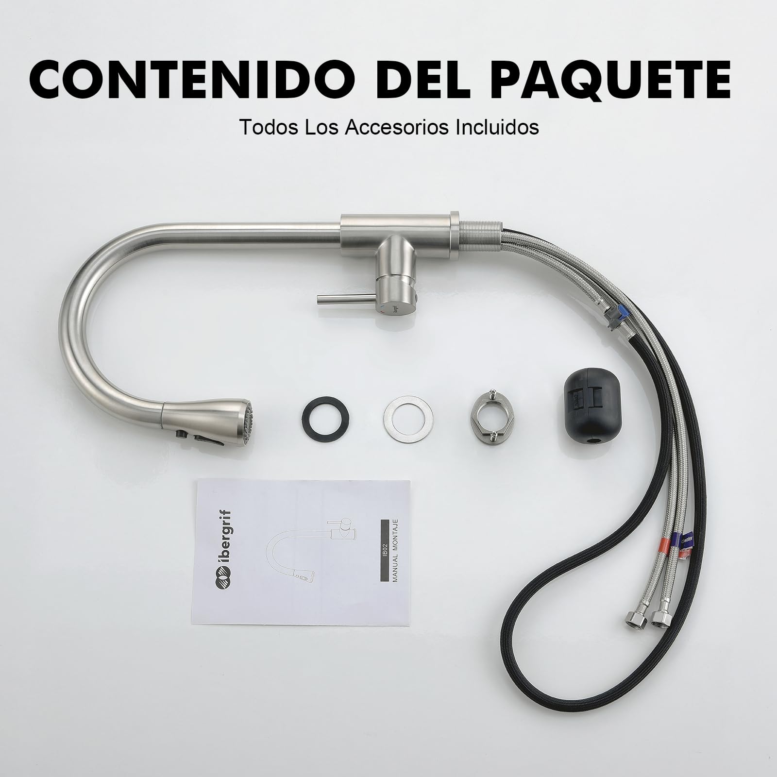 Ibergrif Grifo Cocina Extraíble, Grifo Cocina Fregadero 360° Giratorio, 3 Modos de Agua, Acero Inoxidable 304, Ahorro Energético 30%, Instalación Sin Herramientas en 5 Minutos, M22137 — view 8
