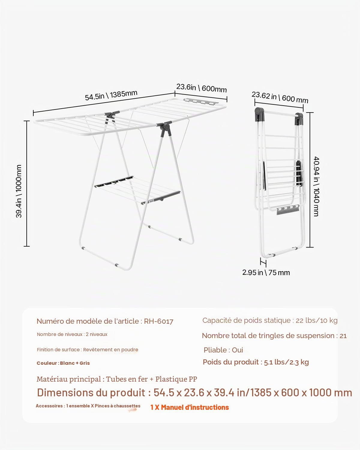VEVOR Étendoir à Linge Pliable, Séchoir à Linge sur Pied à 2 Niveaux, avec Pinces à Chaussettes et 21 Barres de Séchage, en Métal, Stable, Réglable en Hauteur, pour Extérieur et Intérieur, Blanc