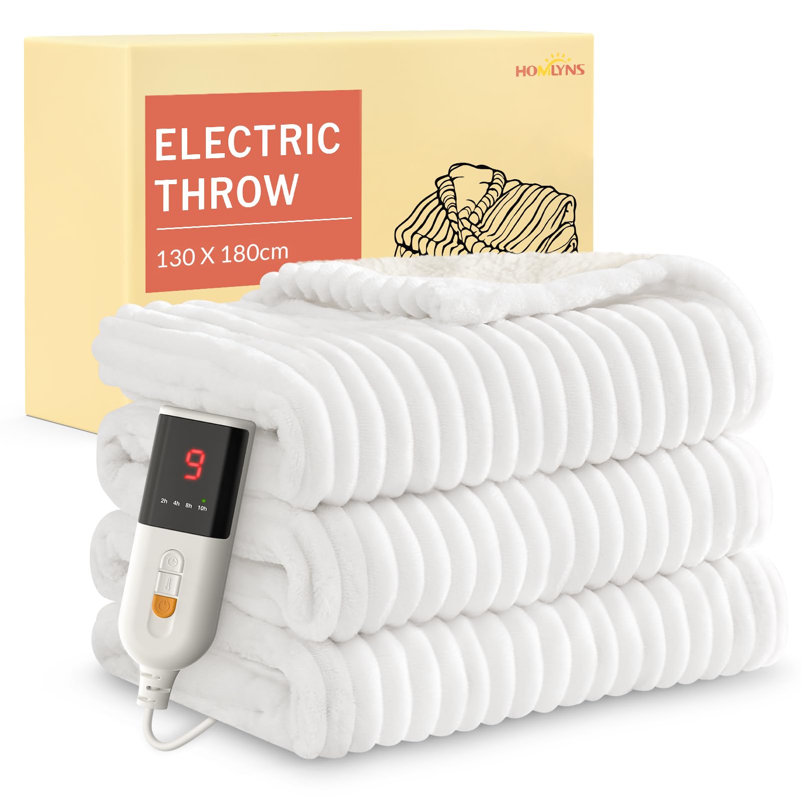 HOMLYNS Electric Heated Blanket Throw, 180 x 130cm Cozy Soft Flannel & Sherpa Heating Blankets with 9 Fast Heat Levels & 2-10 Hours Timer, Warm Gifts for Women Mom Grandma, UKCA Certified, White