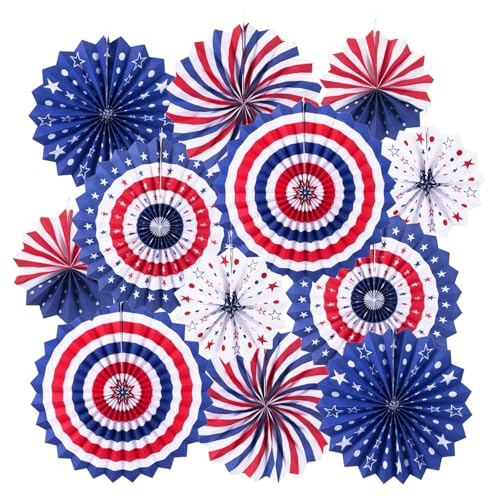 4th of July Patriotic Decorations Hanging Paper Fans Red White Blue American Theme National Day Independence Day Memorial Day Veterans Day Party Decor Supplies 12pcs