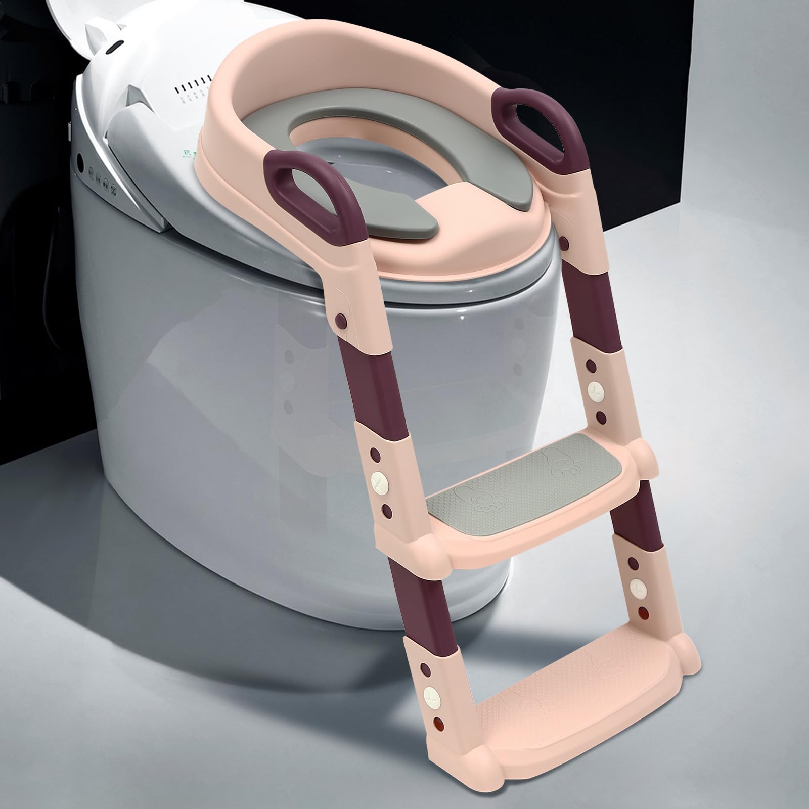 Sedile WC per bambini con scale, regolabile in altezza, pieghevole, con scale, sedile WC per bambini, con pedali antiscivolo e cuscino in poliuretano, per bambini dai 2 ai 7 anni (rosa)