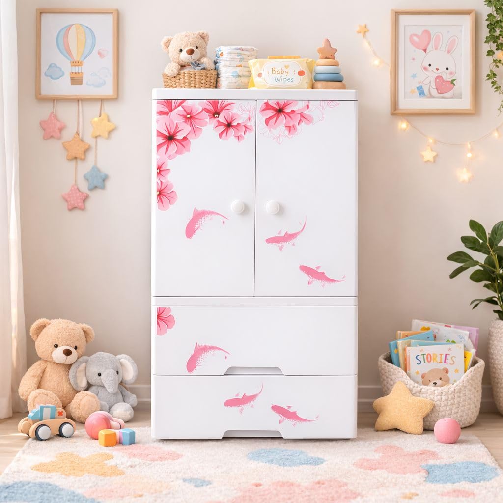 The Tickle Toe Kids Plastic Wardrobe with Secure Drawers | Multipurpose Storage Cabinet for Baby/Kids Room | Stylish & Portable with Aesthetic Prints (White & Purple, 57L x 38W x 110H cm)