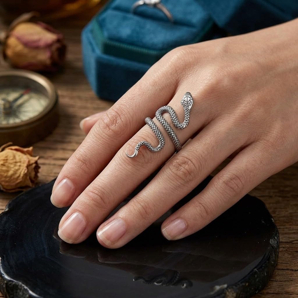 PRAYMOS Anillo de serpiente de plata de ley 925, anillos ajustables, bohemio, anillo de serpiente, banda apilable, punk, para mujeres, hombres, unisex, joyas