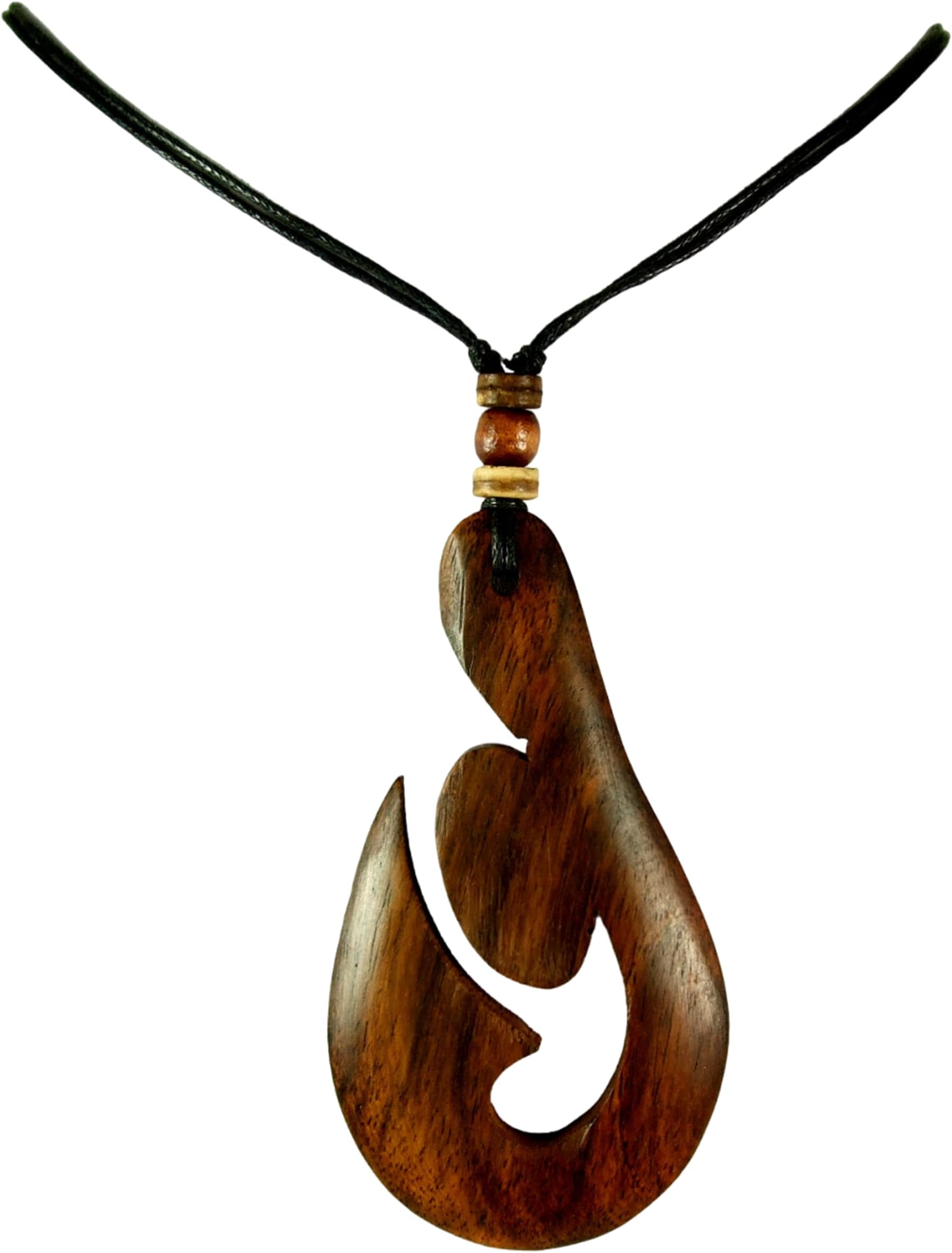 Spiral Natural Sono Wood Necklace, Hand Carved Fish Hook Wooden Necklace, Handmade Beads Cords Māori Koru Peace Pendant Wooden Necklaces for Women Men Jewelry (BA129)