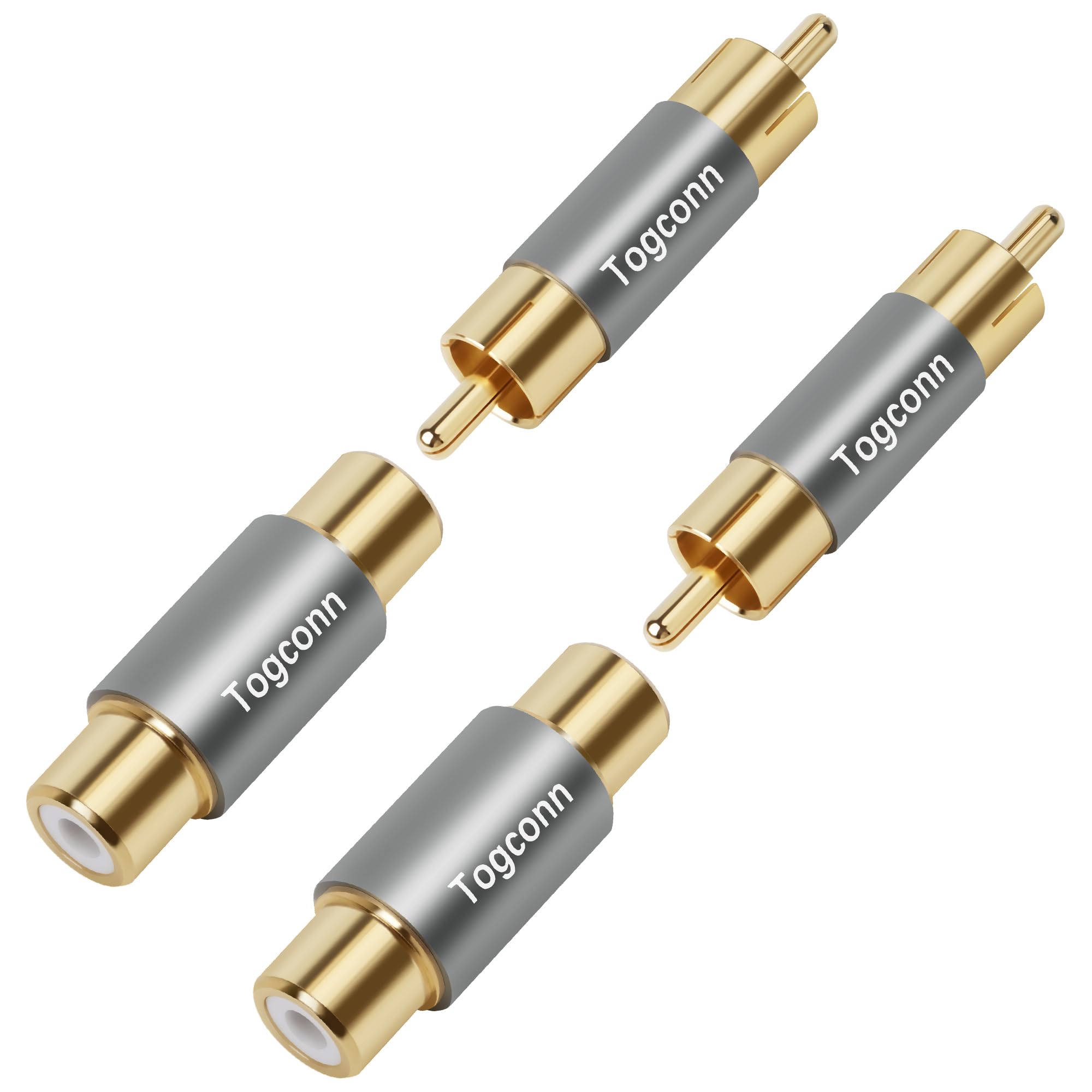 Paquete de 4 adaptadores RCA, 2 acopladores RCA hembra a hembra y 2 acopladores RCA macho a macho, chapado en oro para extensión de cable RCA, altavoz, amplificador