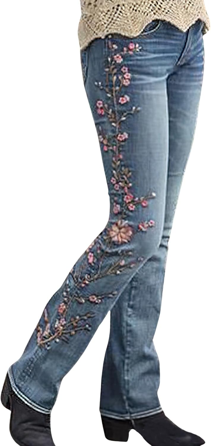 ebossy Women's Embroidery Floral Boot Cut Jeans Retro High Waist Slim Horseshoe Denim Pants