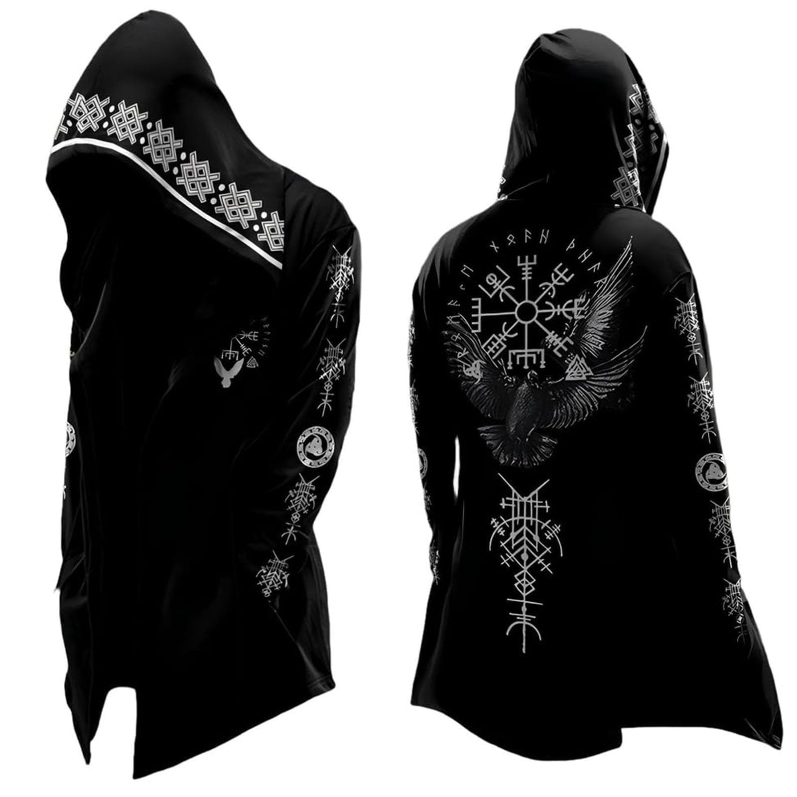 Generisch Viking Hoodie Men's Medium Length Spring Autumn Cardigan Cosplay Costume with Hood 3D Printed Cool Coat Biker Jacket Sweatshirt Sweat Jacket Viking Clothing Men, 01 black, XXXL