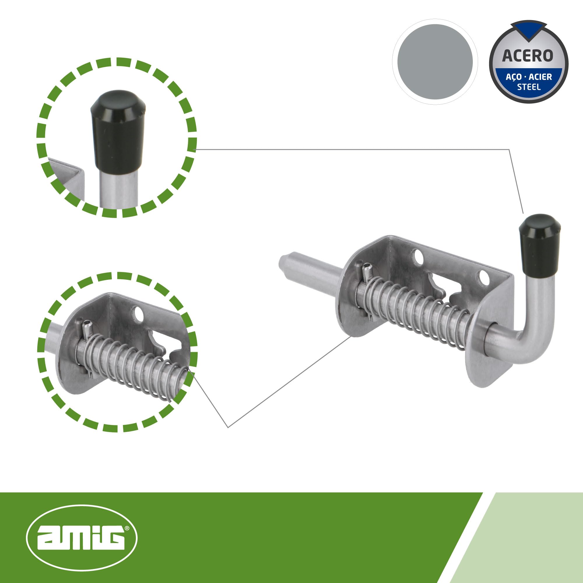 Amig - Pasador de Sobreponer con Muelle para Puertas - Pestillo de Seguridad para tu hogar - Cierre resistente para portones - Negro - Acero Inoxidable - Medidas: 60 x 30 mm - Incluye Tirafondos