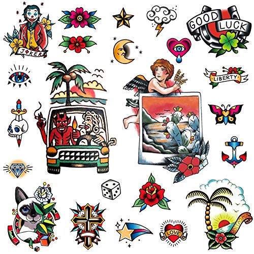 CARGEN Vintage Tatouage Temporaire Sailor Jerry Tatouages Temporaires Tatouage Traditionnel Cool Classique Old School Autocollants pour Hommes Femmes pour Garçons Filles pour La Fête Étanche Cover