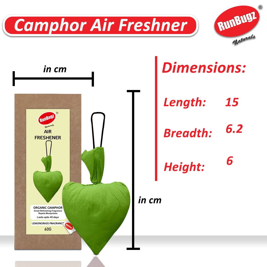 Runbugz Camphor Heart Pouch lemongrass Fragrance Air Freshener 60g for Car/Wardrobe/Bathroom & Room β100% Pure | Multipurpose Natural Chemical Free Air Freshener Pack of 1 2