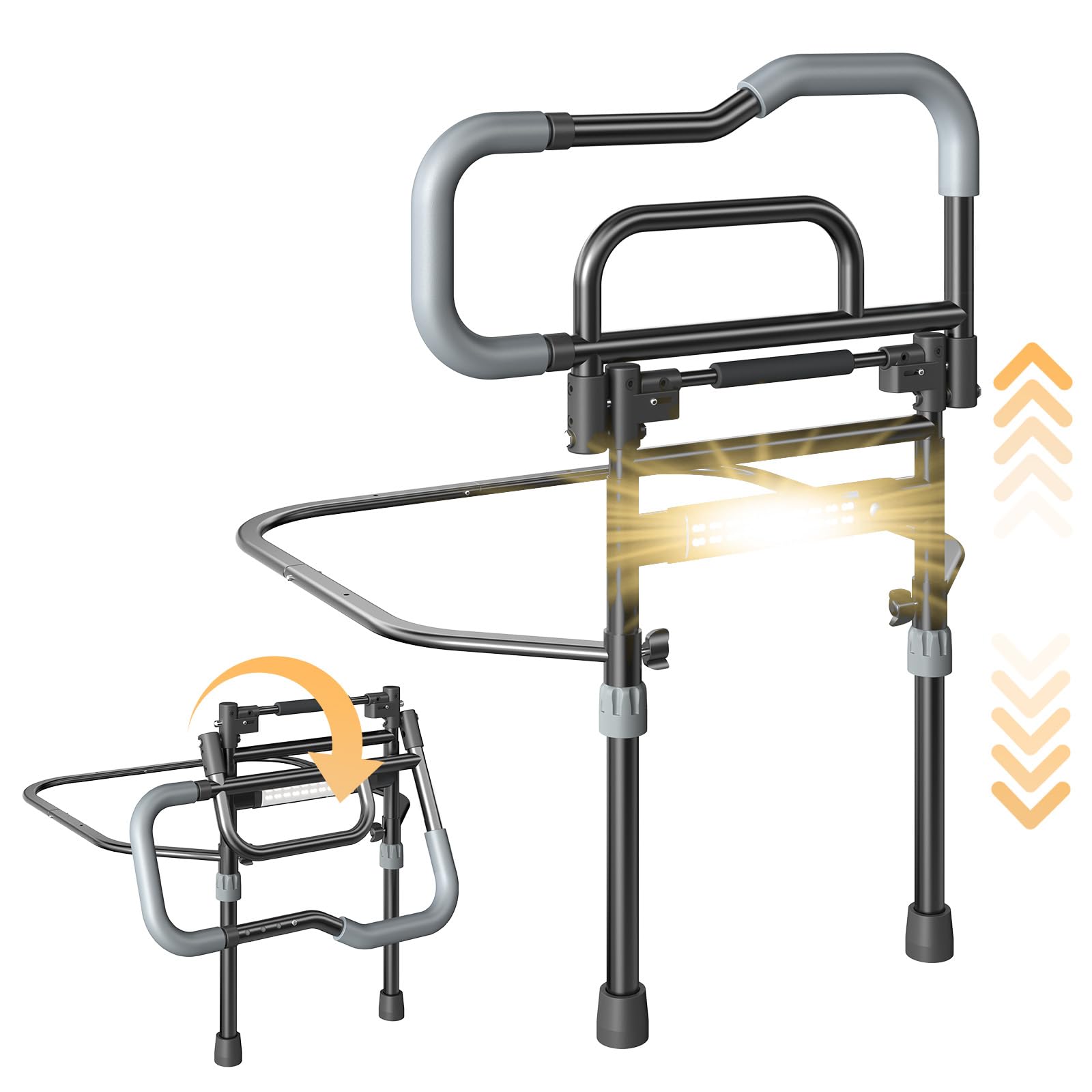 Bed Rails for Elderly Adults Safety, Foldable Bed Assist Rails for Seniors with Sensor Light & Storage Pocket, Adjustable Height, 180° One-Hand