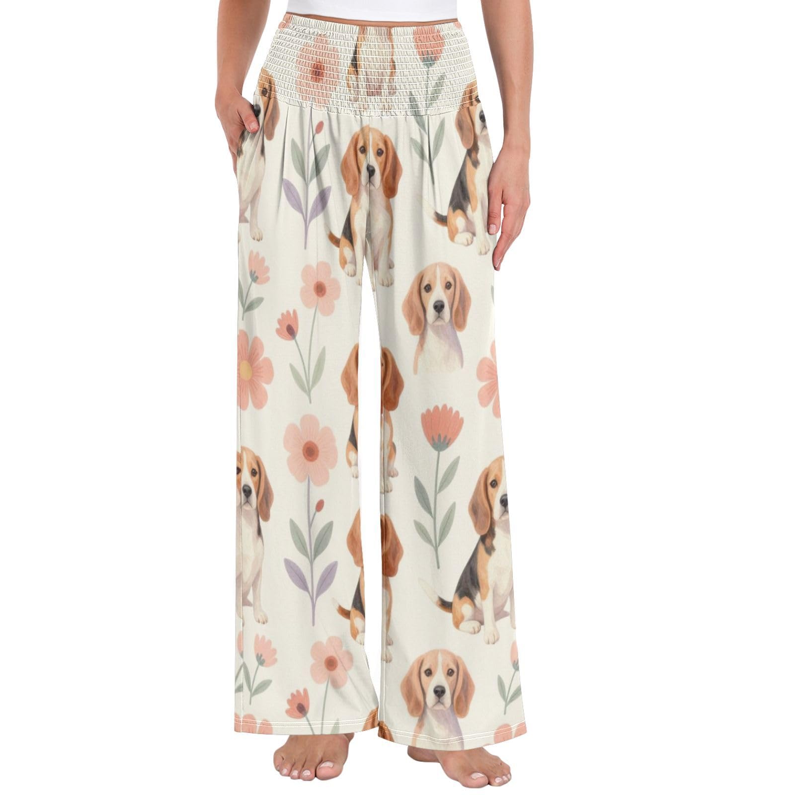 FRODOTGV Beagle Blossom - Pantalones largos casuales para mujer, ligeros, elásticos, casuales