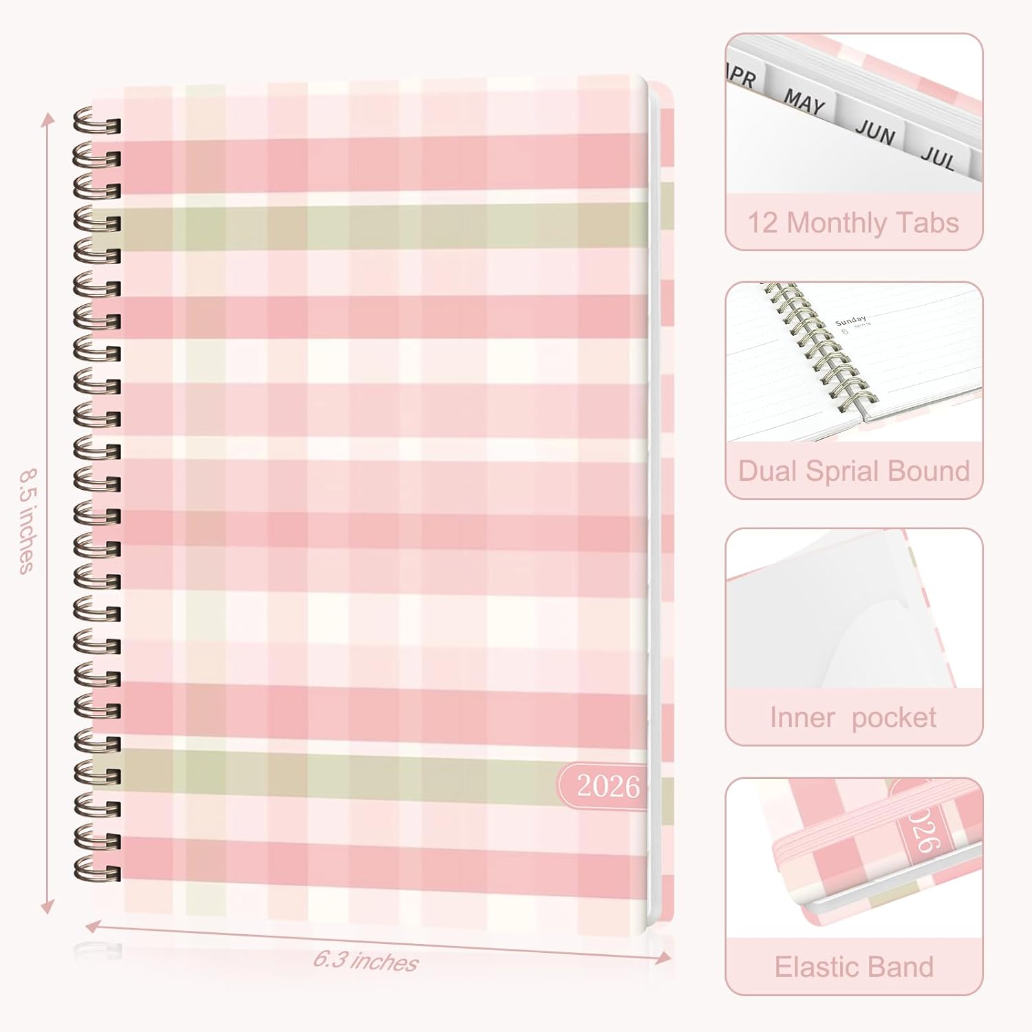 2026 Planner, Weekly and Monthly Calendar Planner Book, Jan 2026 - Dec 2026, Planning Agenda for Desk Accessories and School Supplies - A5 (6.3'' x 8.5'') Pink-Green Plaid