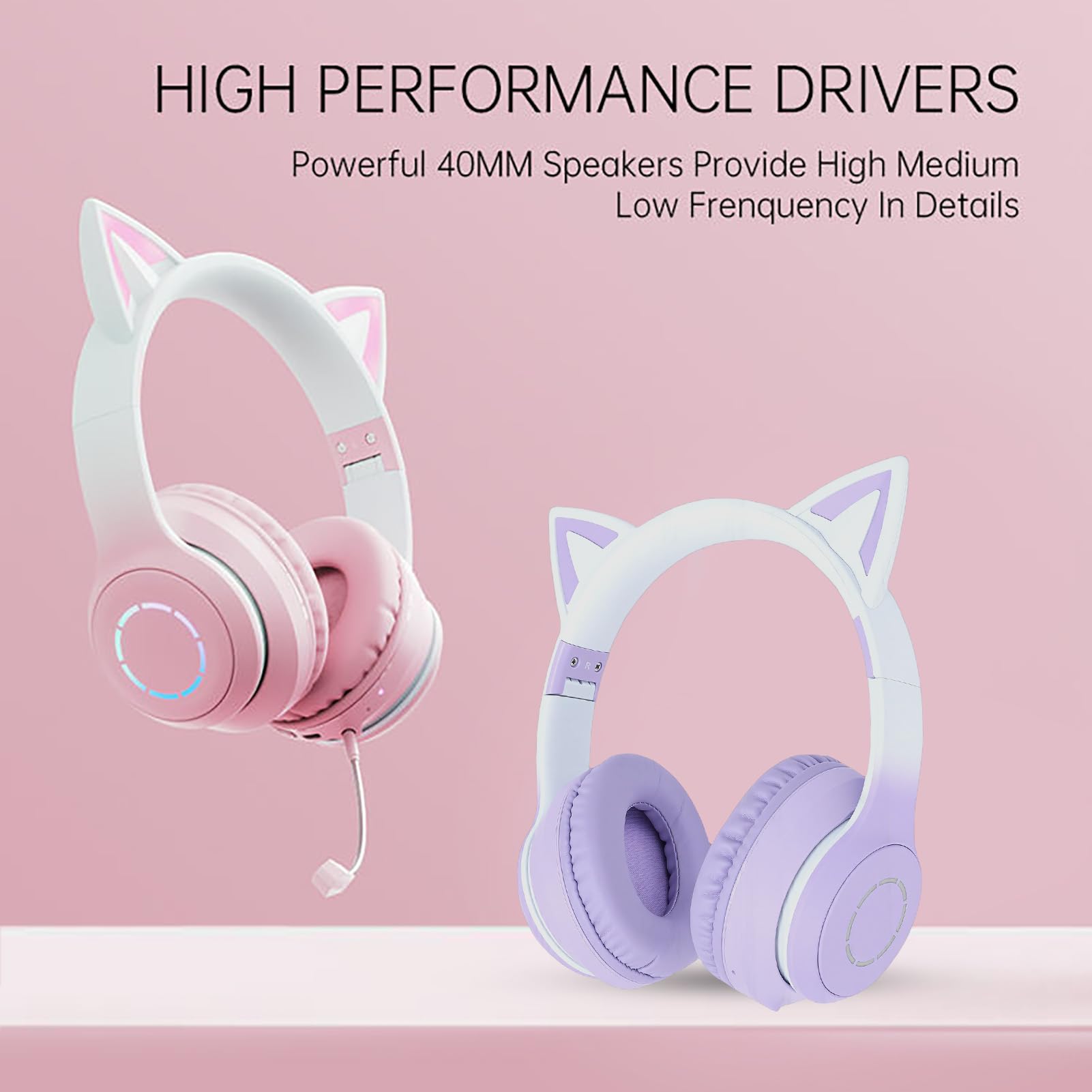 Kabelloses Gaming-Headset, niedliche Katzenohren, Bluetooth 5.3, LED-Beleuchtung, abnehmbares Mikrofon, 40-mm-Treiber, 3,5-mm-AUX-Kabel, faltbar, Bequeme Ohrpolster (PINK)