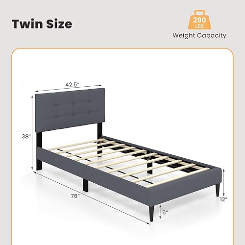Miniatura 2 de Giantex Base de cama de plataforma de tamaño individual con cabecero capitoné con botones y listones de madera, base de colchón tapizada de lino de