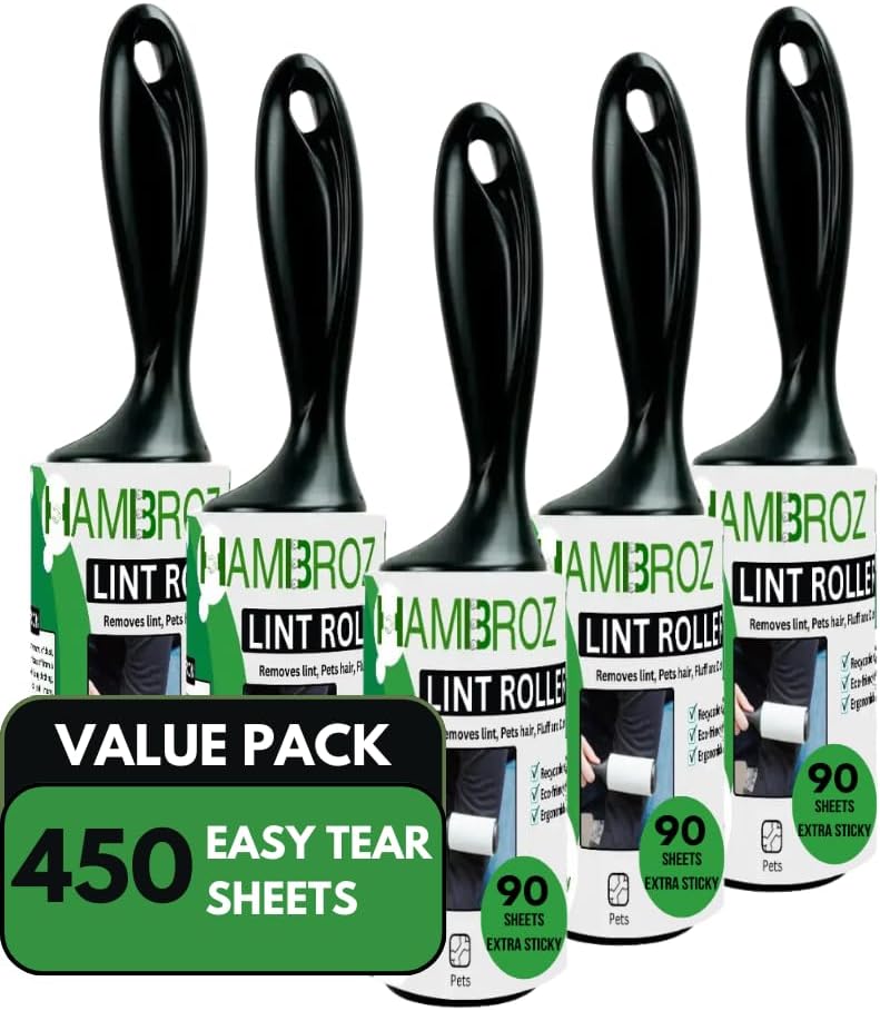 Lint Roller Value Pack OF 5, All Purpose Lint brush with Extra Sticky Sheets (5 Rollers, 90 Sheets Per Roller) Total 450 Sheets Kitchen, Clothing, Furniture and Pet hair Remover
