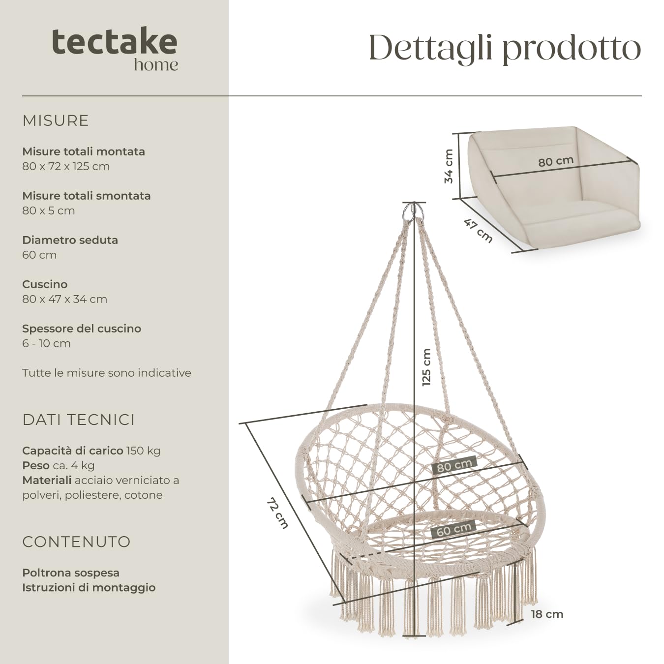 tectake® Poltrona Sospesa, Interno & Esterno, Diametro Seduta 60 cm, Robusta, Grande e Morbidissimo Cuscino, Sedia a Dondolo, Sedia Sospesa da Interno e Terrazzo - Beige