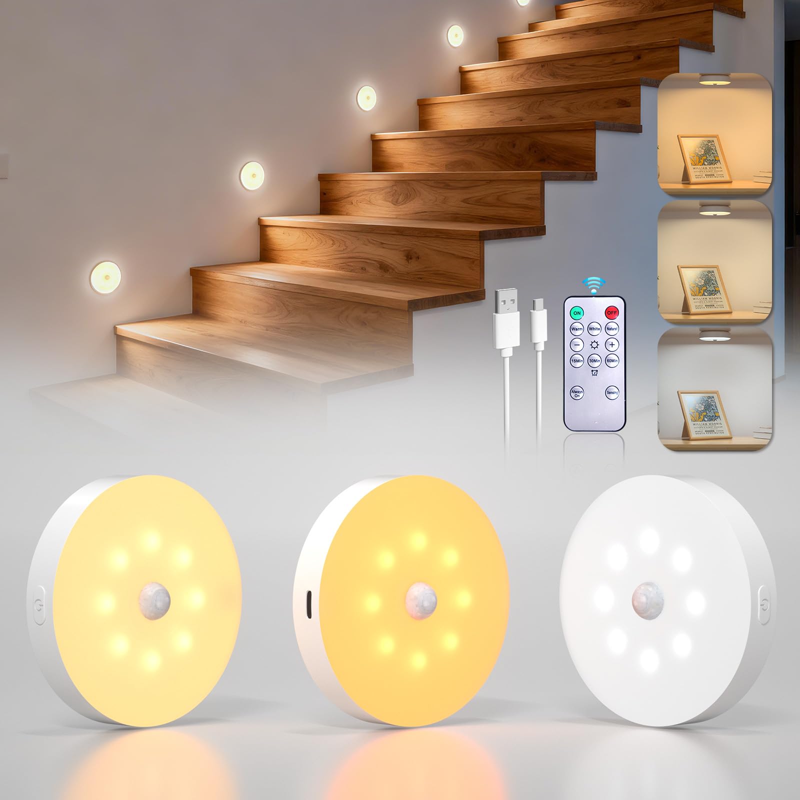 Lamptobe 3 Pack Motion Sensor Lights Indoor with Remote Control,3 Color Temps Rechargeable Night Light,Wireless Magnetic Stick on Wall Light,Stair Wardrobe Closet Under Cabinets Puck Light