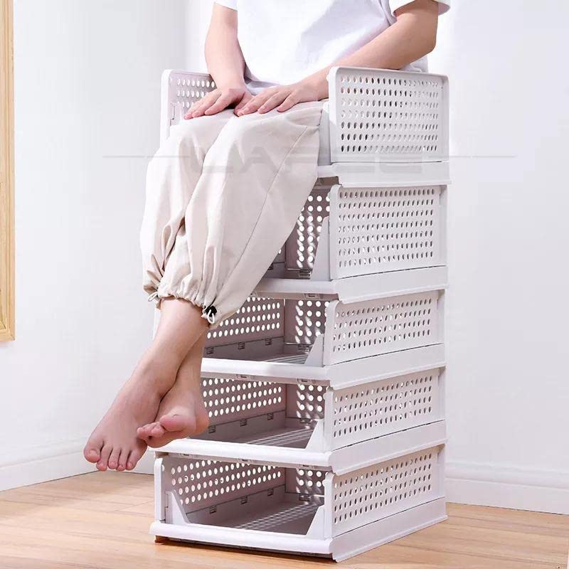 Image of URBAN LUXY Foldable Plastic Rack for Storage /Kitchen Cupboard /Sturdy Wardrobe for Clothes /Multipurpose Storage Organizer /Closet for Bedroom /Living Room /Laundry (FOLDABLE STACKABLE BASKET-WHITE, 1PCS)