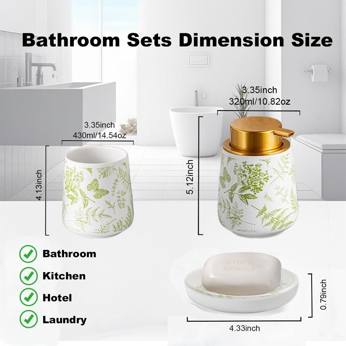 Set di accessori da bagno in ceramica con motivi vegetali, accessori con dispenser di sapone, piatto, bicchiere, decorazione per la casa, decorazione costiera (set da 3 pezzi, verde)