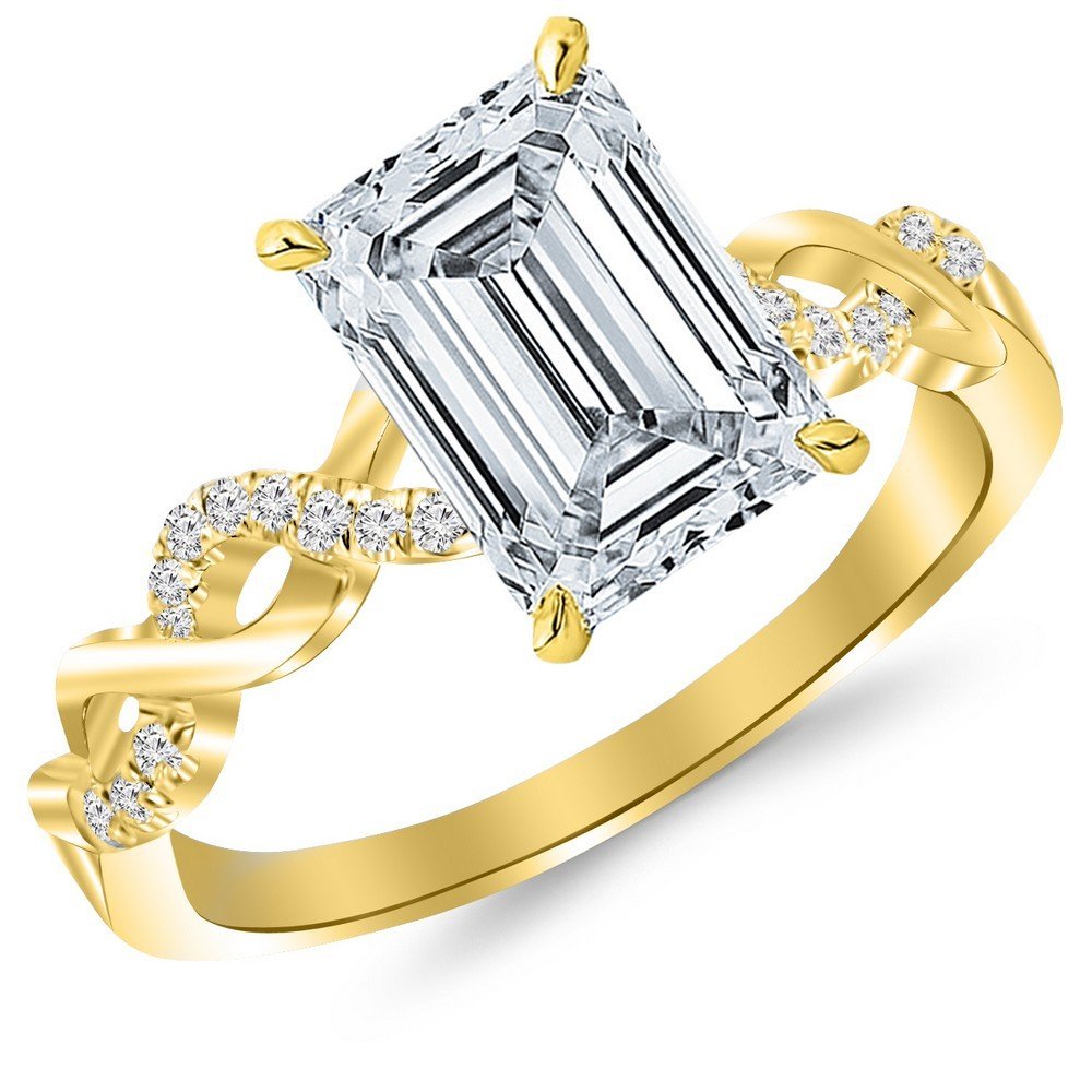 Houston Diamond District LAB GROWN DIAMOND Twisting Infinity Gold and Diamond Split Shank Pave Set Emerald Cut Diamond