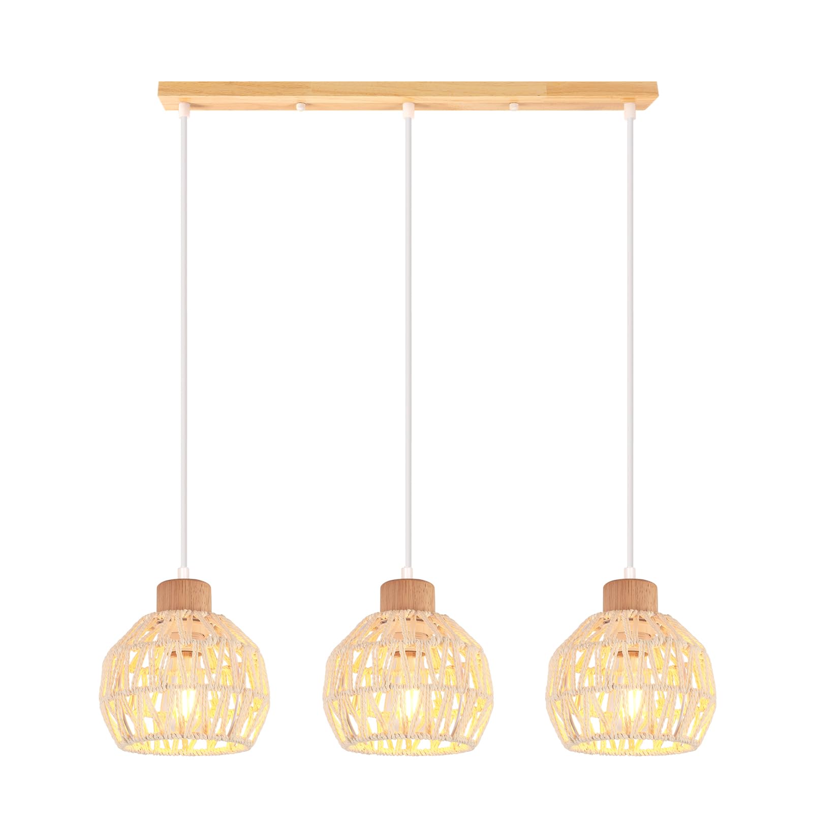 iDEGU 3 Luces Lámpara Colgante Vintage Industrial de Madera y Ratán 16cm Pantalla Lámpara de Techo Estilo Boho LED Iluminación E27 Retro Luz de Araña para Comedor Salón Cafetería (Blanco, Barra)