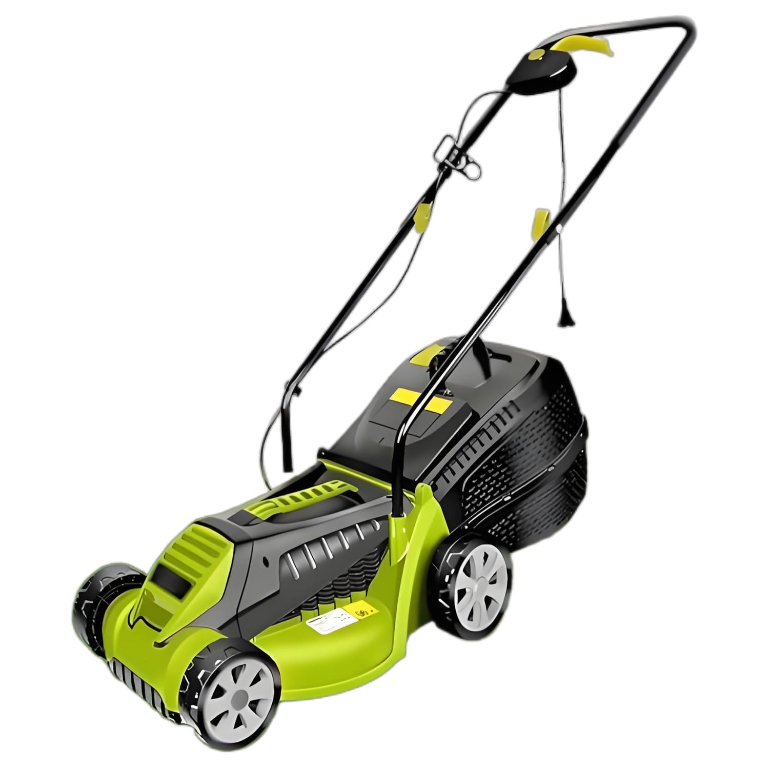 Cortacésped eléctrico 1600W, caja de hierba de 30L, ancho de corte de 32 cm, 3 alturas de corte ajustables (25-65 mm), asa plegable para fácil almacenamiento