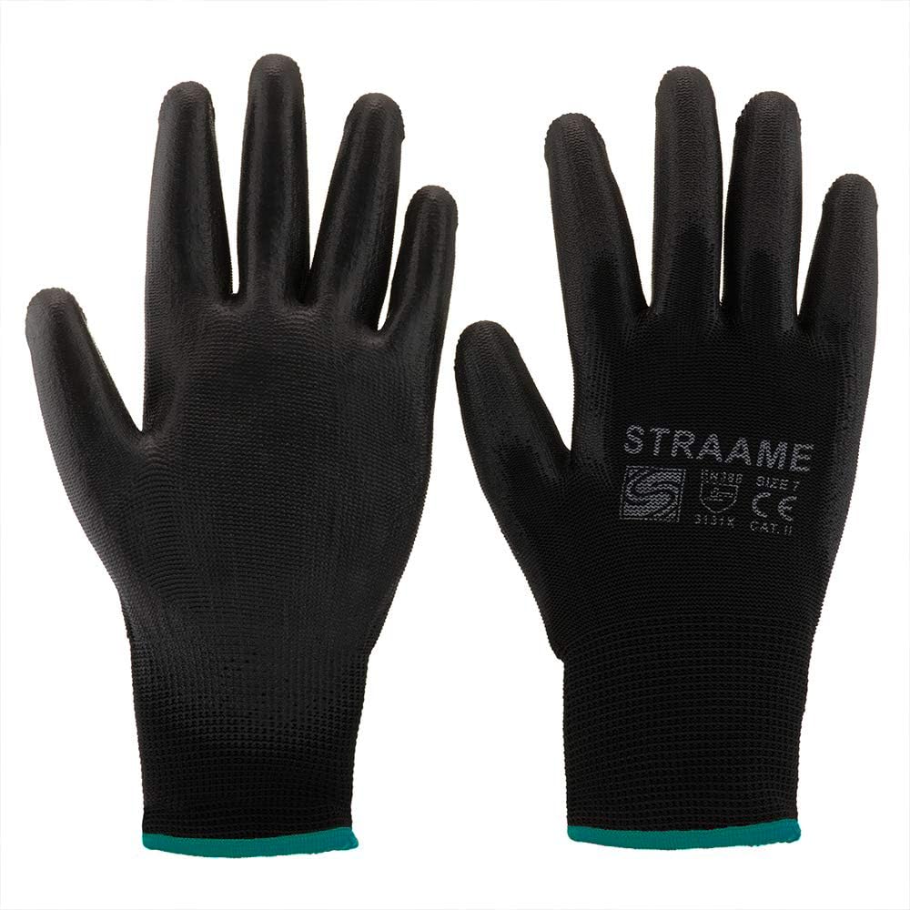 Straame Black Work Gloves, 12 Pairs, PU Coated Nylon, Non-Slip Grip, Size M