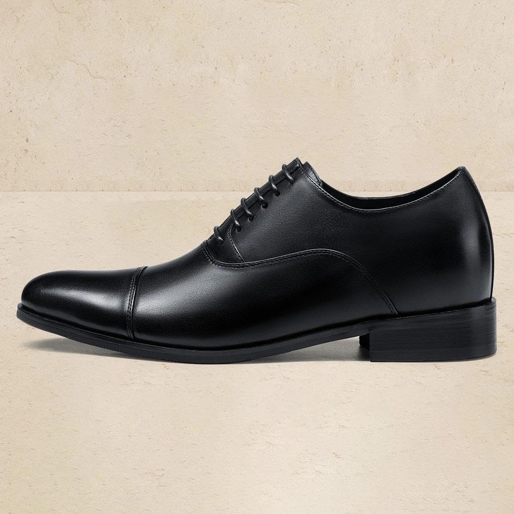 CHAMARIPA Herren Oxford-Geschäftsschuhe mit 7 cm unsichtbarer Innenerhöhung | Schwarze Schnür-Steigerschuhe aus Echtleder – klassische Geschäftsschuhe für Büro, Hochzeiten und den Alltag