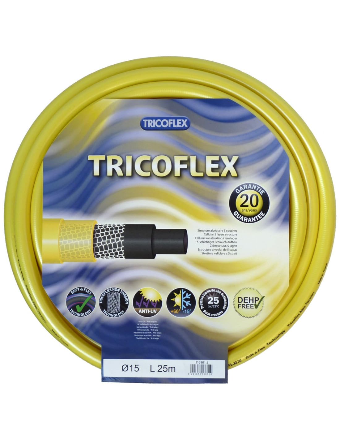 Tuyau d'arrosage jaune diamètre 15mm longueur 25m - TRICOFLEX - 116861