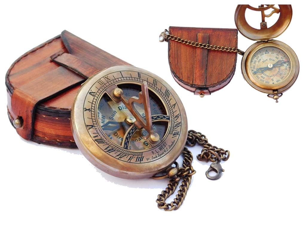 Brass Marine Nautical Sundial Compass with Chain and Sundial Brass Antique Navigation Travel Compass with Leather Case-image-6
