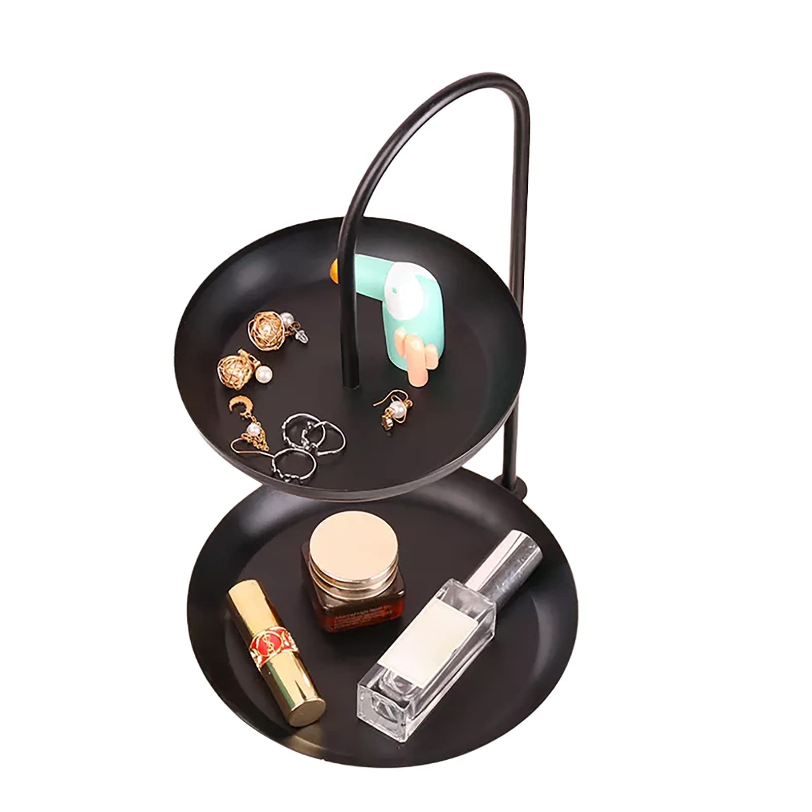 Schmuckschale, doppelte Schmuckschale, Zwei stufige Schmuckschale mit Metallrahmen und Griff, Zubehörhalter for Schlüssel, Uhr, Halskette, Ring und anderes kleines Zubehör (Gold) (Color : Black)